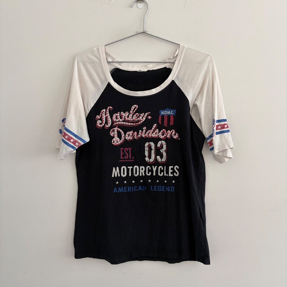Harley Davidson American Legend Raglan Shirt Black White Graphic Tee
